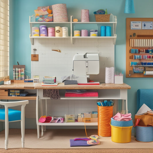 A tidy sewing room with a pegboard displaying organized threads, scissors, and notions, alongside a labeled storage bin filled with folded fabrics, and a desk with a partially completed sewing project.