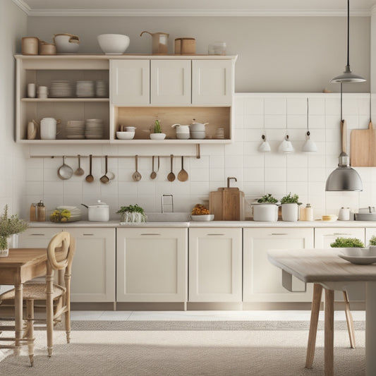 A serene kitchen with creamy white cabinets, a minimalist island, and a few carefully curated utensils on a wooden wall rack, surrounded by plenty of negative space and warm, soft lighting.