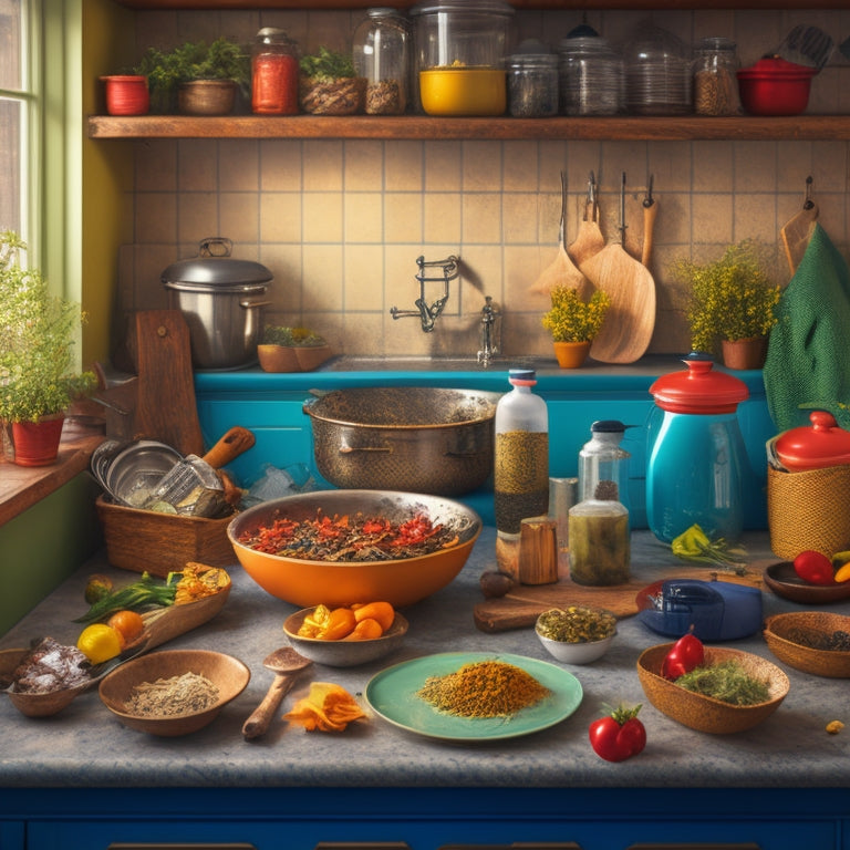 An illustration of a kitchen with cluttered countertops, a sink, and a stove, featuring a gap between the wall and counter with a few lost items like a utensil and a spice bottle, surrounded by chaotic kitchenware.