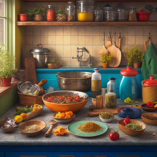 An illustration of a kitchen with cluttered countertops, a sink, and a stove, featuring a gap between the wall and counter with a few lost items like a utensil and a spice bottle, surrounded by chaotic kitchenware.