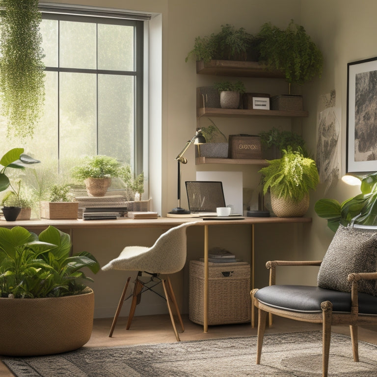 A serene, well-lit home office with a tidy wooden desk, a few labeled file folders, a small, organized bookshelf, and a comfortable chair, surrounded by calming plants and soft natural light.