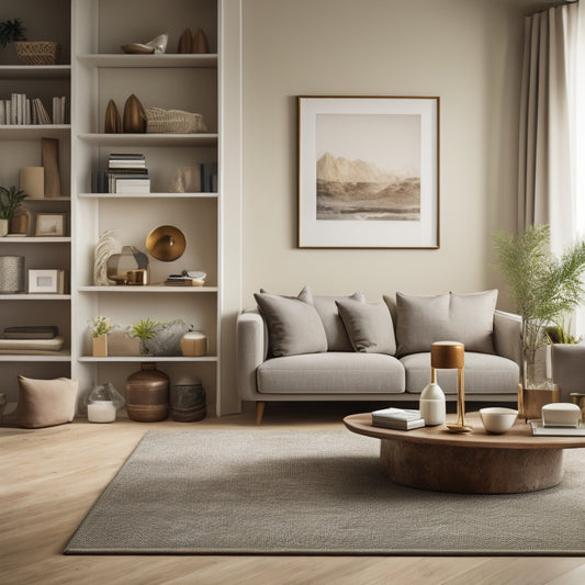 A serene, well-lit living room with a minimalist aesthetic, featuring a tidy bookshelf, a sleek coffee table with a few carefully arranged decorative objects, and a plush area rug in a calming color palette.