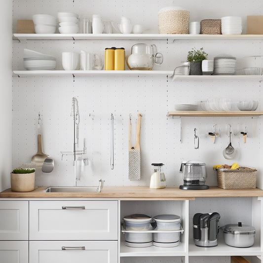 A clutter-free small kitchen with sleek, wall-mounted shelves, a pegboard with hanging utensils, and a narrow, rolling storage cart with baskets, set against a calming white and gray backdrop.