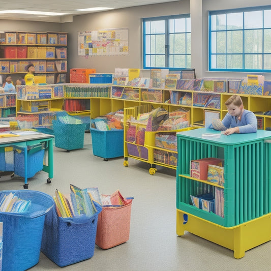 A vibrant, well-organized classroom with colorful bins, stackable shelves, and a rotating bookcase, surrounded by diverse students engaged in collaborative learning activities amidst a calm, clutter-free environment.