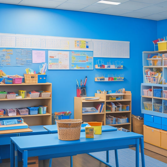 A tidy classroom with labeled baskets, organized desks, and a colorful bulletin board featuring a calendar, to-do lists, and motivational quotes, set against a calming blue background with minimal clutter.