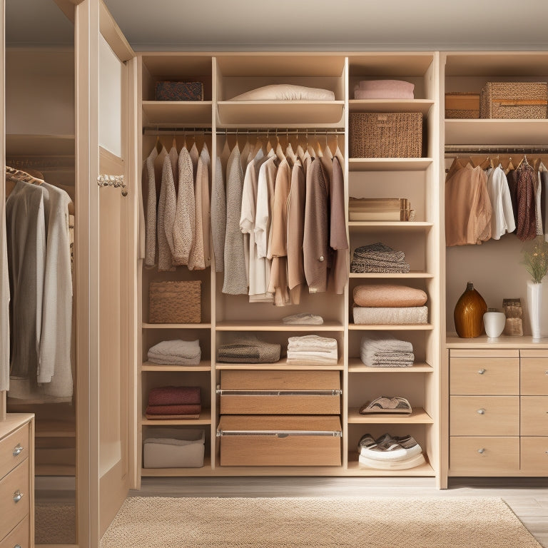 A serene, well-lit closet interior with a neutral beige background, showcasing a custom organizer system featuring wooden shelves, drawers, and rods in a warm, honey-brown finish.