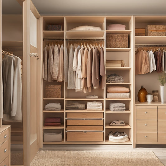A serene, well-lit closet interior with a neutral beige background, showcasing a custom organizer system featuring wooden shelves, drawers, and rods in a warm, honey-brown finish.