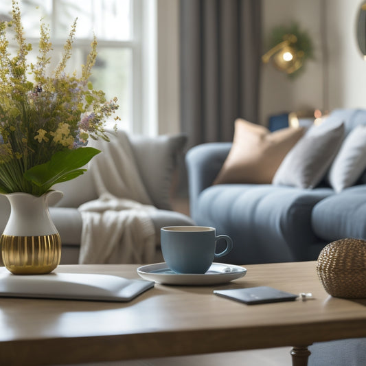 A serene, decluttered living room with a few, carefully-placed decorative items, a vase with fresh flowers, and a laptop open to a digital ebook on a tidy coffee table.