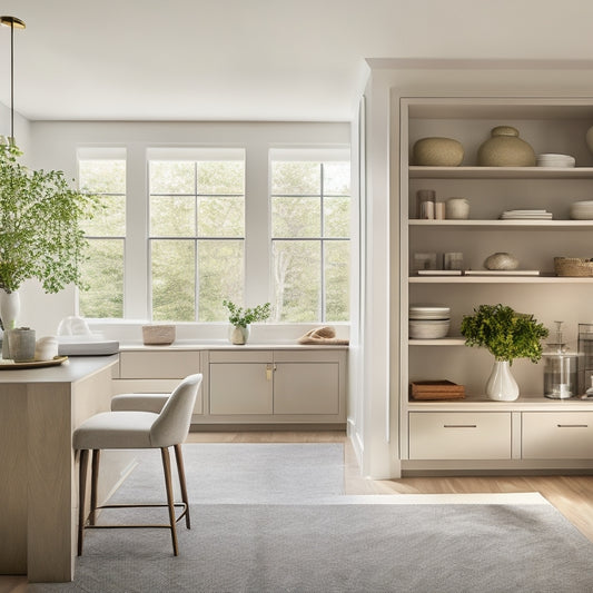 A serene, modern New Jersey home interior with custom-built storage units, such as floor-to-ceiling shelves and cabinets, in a neutral color palette, surrounded by minimal decor and plenty of natural light.