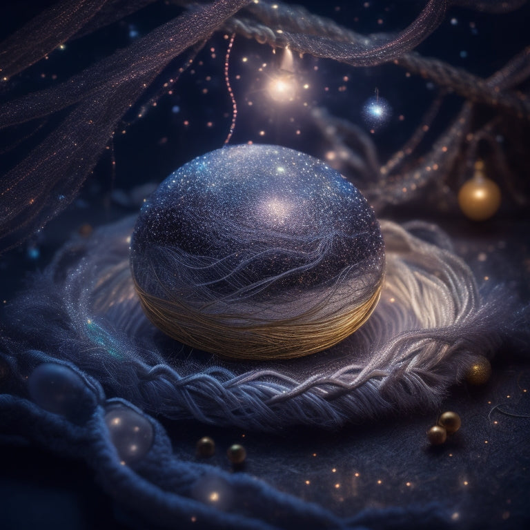 A mystical, glowing loom with shimmering silver threads, surrounded by orbiting, ethereal orbs and wispy, starlight-infused tendrils, set against a dark, richly textured, velvet-like background.