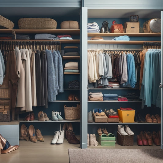 A cluttered closet with clothes scattered on the floor, mismatched shelves, and a broken shoe rack, contrasting with a sleek, organized, and well-designed closet in the background, with a subtle "vs" symbol dividing the two scenes.