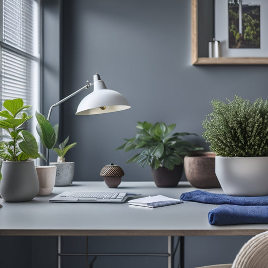 A serene, well-lit home office with a minimalist desk, a single, potted plant, and a few, carefully arranged, essential office supplies against a calm, light-gray background.
