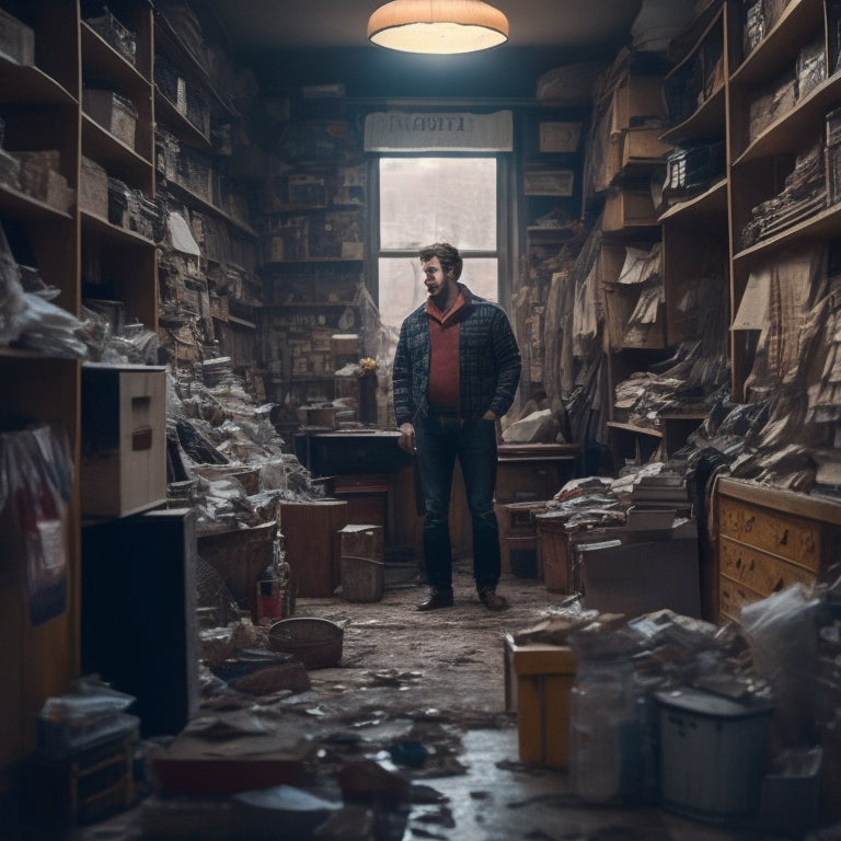 An image of a person standing in a cluttered room, surrounded by messy piles and overflowing shelves, with a single, open door in the background, symbolizing a path to a clearer space.