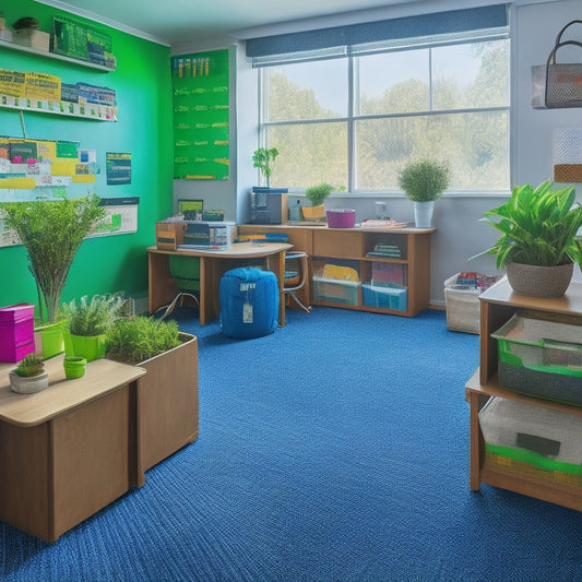 A tidy, well-lit classroom with labeled storage bins, organized desks, and a clutter-free teacher's station, featuring a colorful rug and a few strategically placed plants.