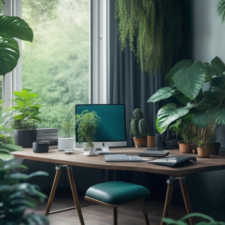 A serene, modern workspace with a tidy desk, a closed laptop, and a few, carefully arranged paper files, surrounded by lush green plants and a subtle, calming background gradient.