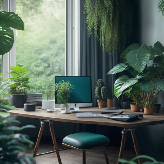 A serene, modern workspace with a tidy desk, a closed laptop, and a few, carefully arranged paper files, surrounded by lush green plants and a subtle, calming background gradient.