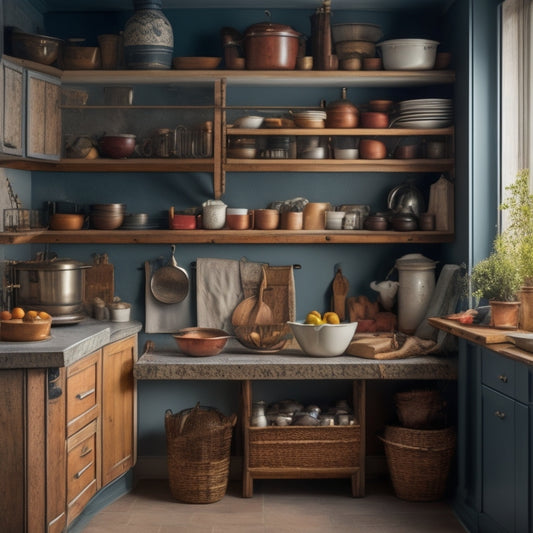 A cluttered kitchen corner with a traditional cabinet featuring a narrow, hard-to-reach shelf and a large, empty triangular space above, surrounded by utensils and kitchenware spilling out.