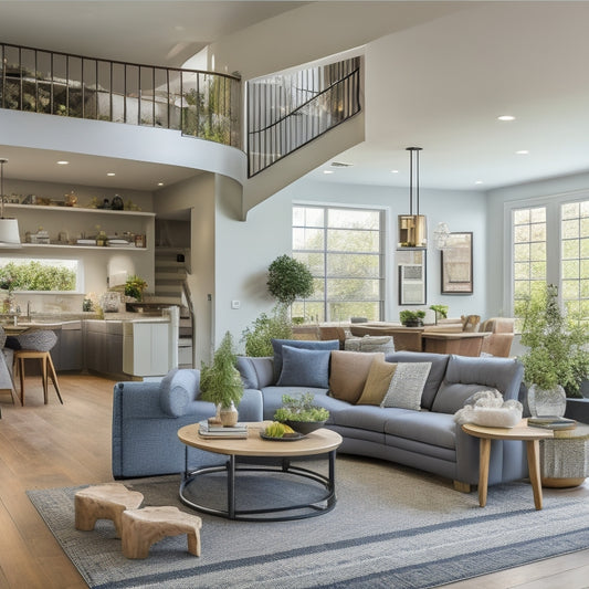 A split-level living room with a curved staircase, sectional sofa, and built-in shelving, adjacent to a spacious kitchen with a large island and a dining table that seats 8-10 people.
