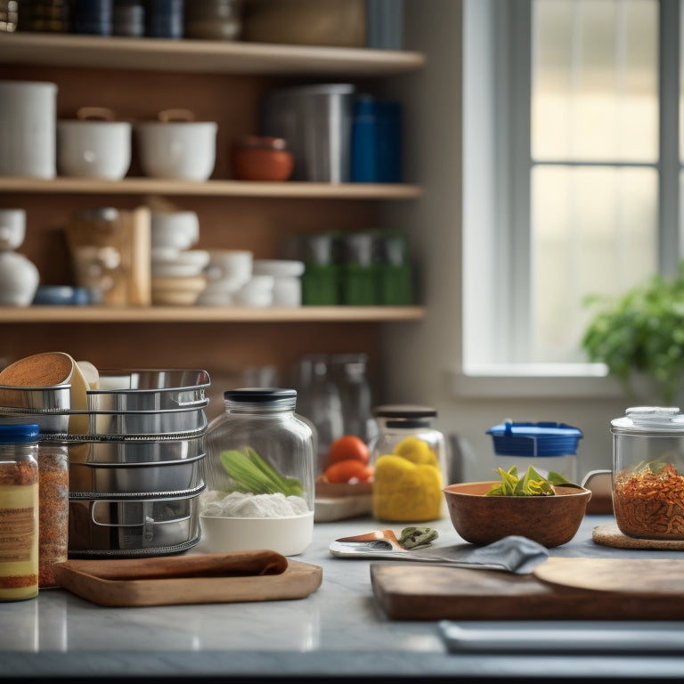 A kitchen counter with a mix of organized and disorganized areas, featuring a utensil holder, a labeled spice rack, and a messy stack of cookbooks amidst a backdrop of clean, white cabinets.