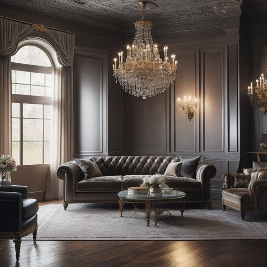 A serene, high-ceilinged space with a plush, beige sectional sofa, adorned with velvet throw pillows, surrounded by rich, dark wood furniture, and illuminated by a stunning crystal chandelier.