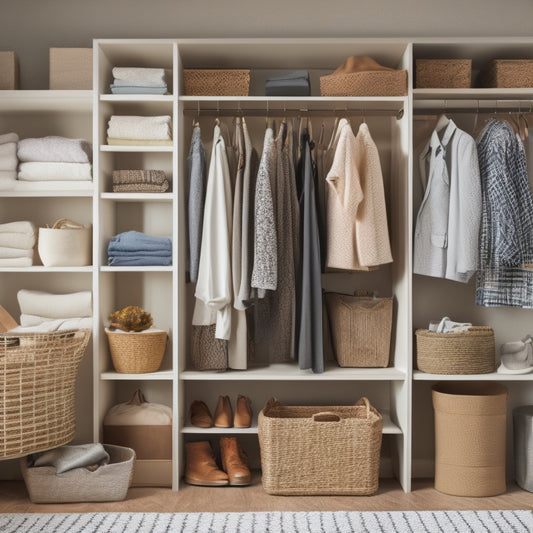 A tidy, modern closet with DIY wooden shelves in a natural finish, holding a mix of folded clothes, baskets, and decorative items, alongside a few store-bought shelves in the background, cluttered and mismatched.