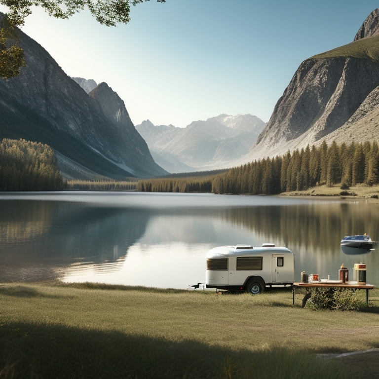 A serene landscape with a Geo Pro trailer parked beside a tranquil lake, surrounded by lush greenery, with a few outdoor gear and accessories scattered around, and a faint mountain range in the background.