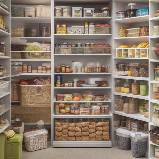 A cluttered pantry with overflowing shelves, scattered food items, and a messy floor transitions into a tidy, compact space with stackable containers, pull-out drawers, and a pegboard.