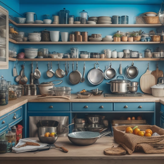 A cluttered kitchen with cabinets featuring mismatched handles, overcrowded shelves, and awkwardly placed corner units, showcasing a jumbled mess of cookware, utensils, and food items.