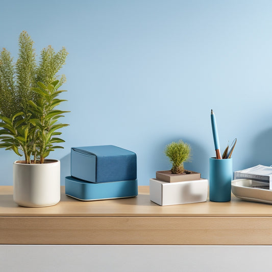 A tidy desk with a minimalist wooden organizer, holding neatly labeled file folders, a small potted plant, and a pen holder, set against a calming light blue background with subtle texture.