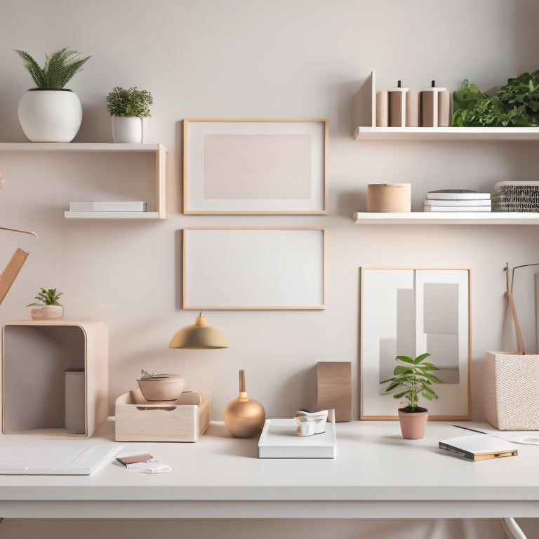 A minimalist, modern workspace with a sleek white desk, a tidy corkboard, and a few carefully placed decorative objects, surrounded by neatly labeled storage bins and baskets in muted pastel hues.