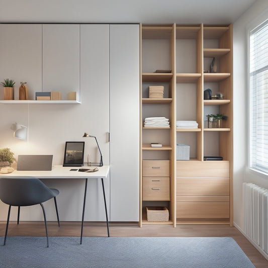 A minimalist, modern apartment with a Murphy bed, floating shelves, and a sliding closet door, featuring a compact desk, a woven storage basket, and a stackable shoe rack.