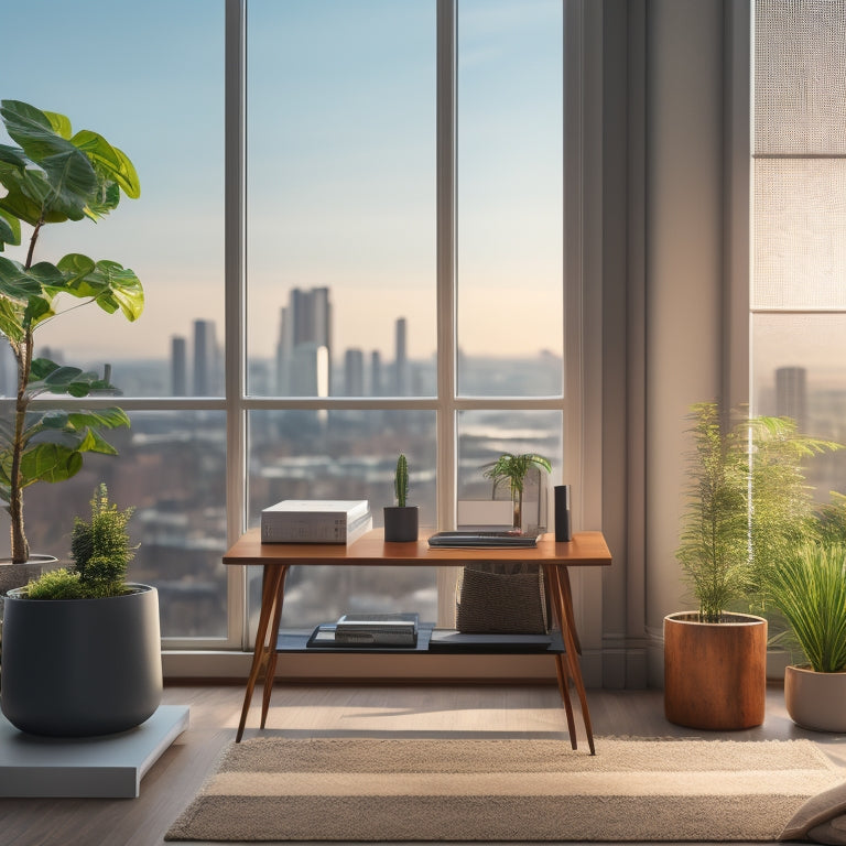 A serene, modern living room with a minimalist desk, a tidy bookshelf, and a few well-placed plants, illuminated by a large window with a subtle cityscape view in the background.