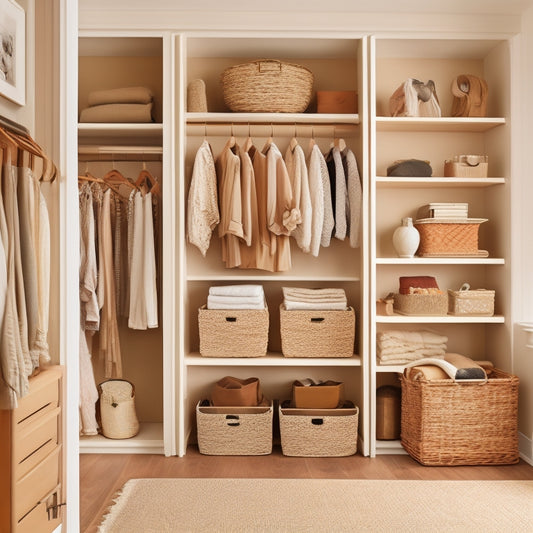 A serene, well-organized closet interior with cream-colored walls, a soft wood floor, and a mix of open shelves, woven baskets, and stackable drawers in a warm, honey-brown finish.