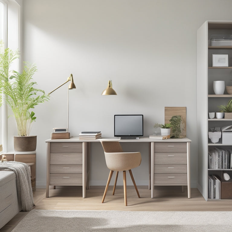A serene, minimalist home office with a tidy desk, a few well-organized drawers, and a shelf with labeled storage bins, set against a calming, light-gray background with natural wood accents.