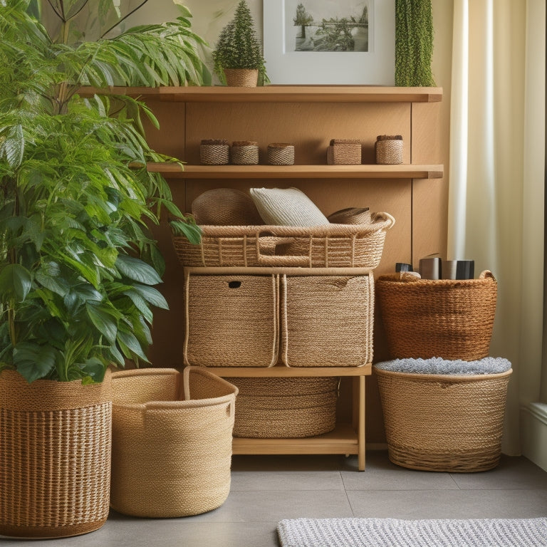 A tidy, well-organized storage area with multiple stackable baskets of varying sizes in a natural wood tone, surrounded by neatly folded linens and a few decorative plants.