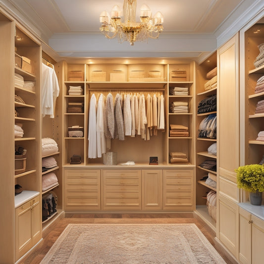 A luxurious walk-in closet with cream-colored walls, featuring a custom organizer system with floor-to-ceiling shelves, drawers, and rods in a rich, dark wood tone, surrounded by soft, golden lighting.