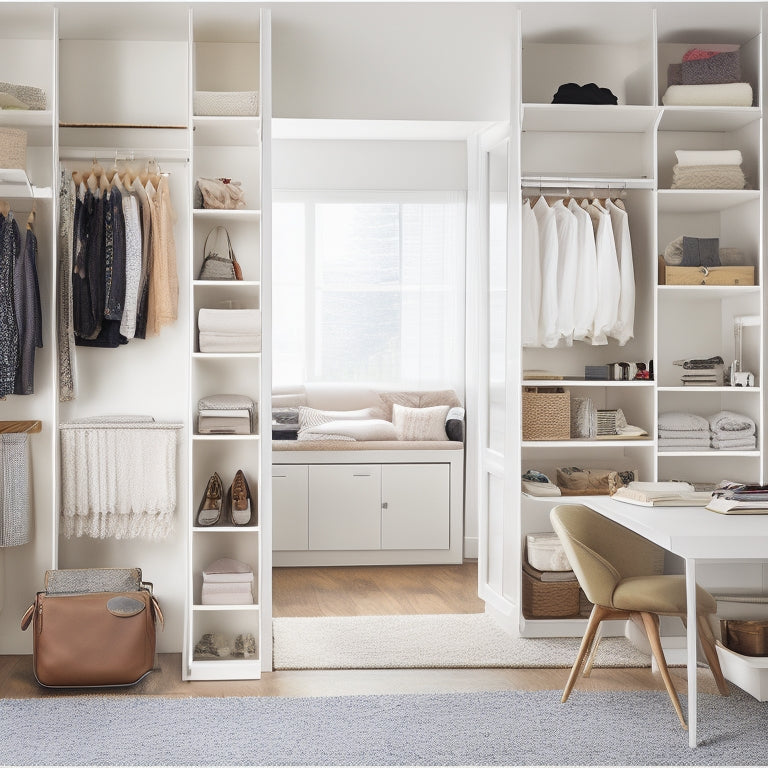 A tidy, white closet interior with shelves, rods, and bins, featuring a mix of folded clothes, shoes, and accessories, with a laptop and tablet displaying digital downloads in the foreground.