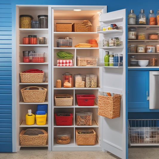 A tidy pantry with a mix of adjustable shelves, baskets, and stackable containers in a compact, L-shaped corner space, featuring a retractable step stool and a utensil organizer on the back of a door.
