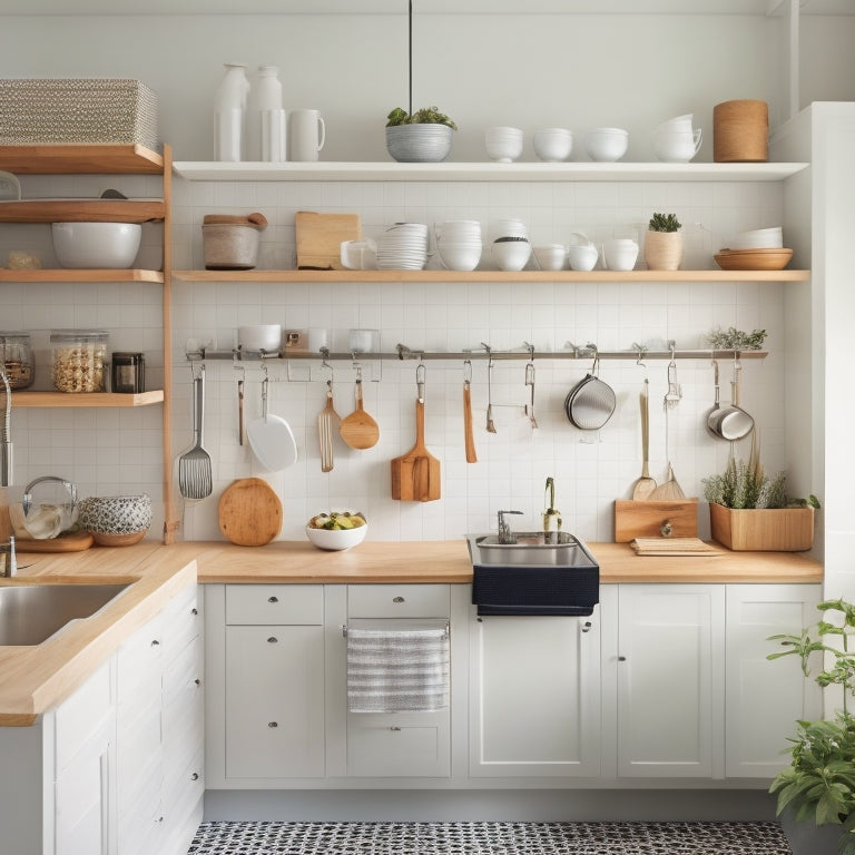 A tidy, L-shaped kitchen with sleek, white cabinets, a compact island, and a pegboard on the wall, showcasing a utensil organizer, a foldable step stool, and a hanging pot rack.
