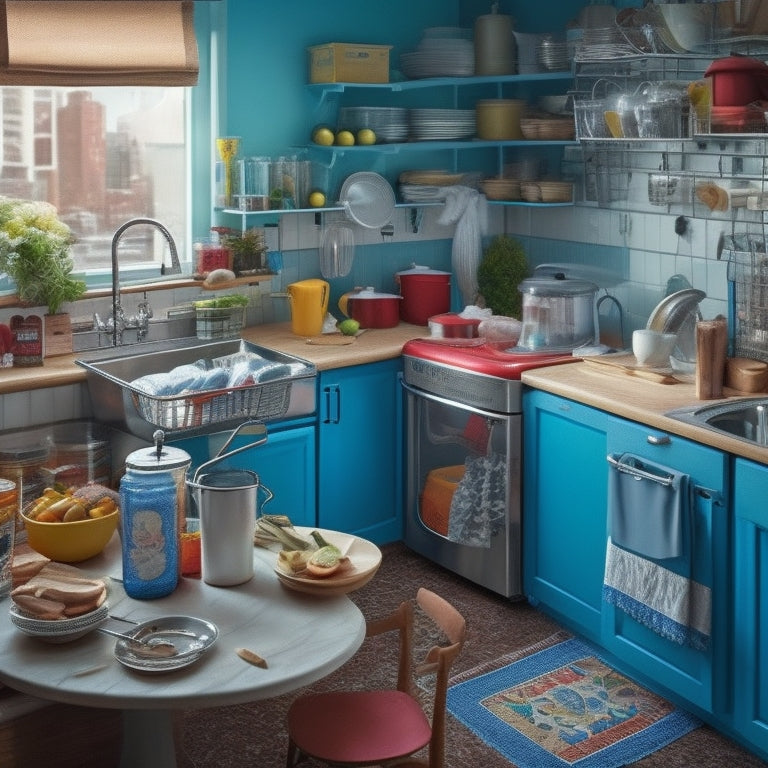 A cluttered small kitchen with dirty dishes, utensils scattered on countertops, and a trash can overflowing with food wrappers, transformed into a tidy space with organized utensils, sparkling clean countertops, and a trash can with a fresh liner.