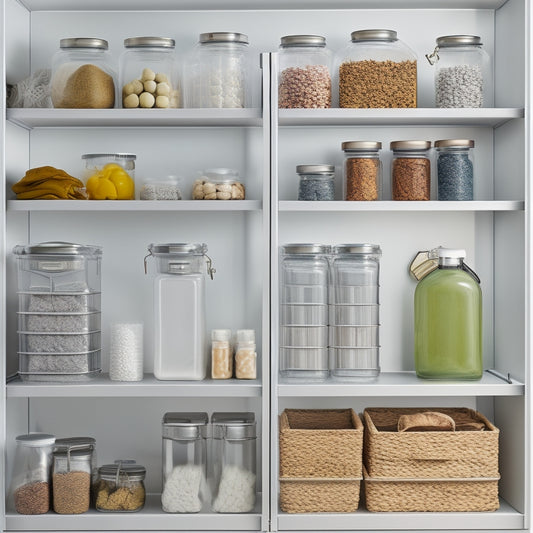 A tidy pantry with adjustable cart shelves, each holding 3-4 transparent canisters of varying sizes, with chrome handles and labels, against a light gray background with subtle wooden accents.