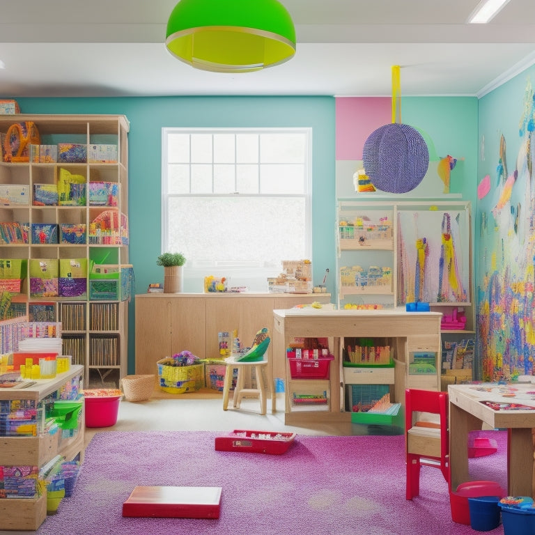 A bright, organized playroom with a large, wooden art table at its center, surrounded by colorful paint-splattered easels, baskets of supplies, and shelves displaying vibrant artwork.