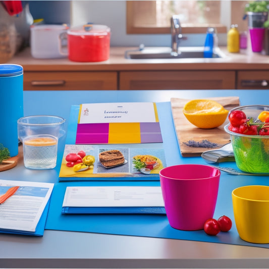 A colorful, organized kitchen counter with a three-ring binder, recipe cards, and utensils surrounding it, with a few loose recipe pages and a pair of scissors lying nearby.