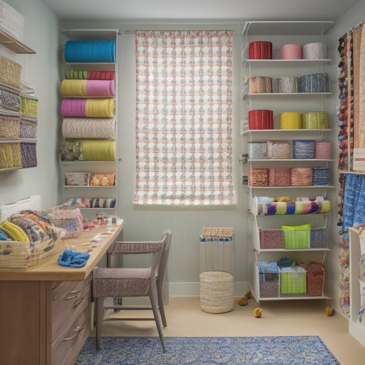 A well-organized sewing room with a wall-mounted fabric organizer, filled with neatly rolled bolts of colorful fabric, and a few baskets and bins storing threads, buttons, and other notions.