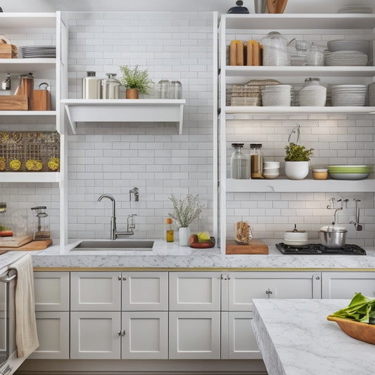 A sleek, modern kitchen with white cabinets, stainless steel appliances, and a Carrara marble countertop, showcasing a pegboard with utensil hooks, a spice rack, and a tiered shelving unit.