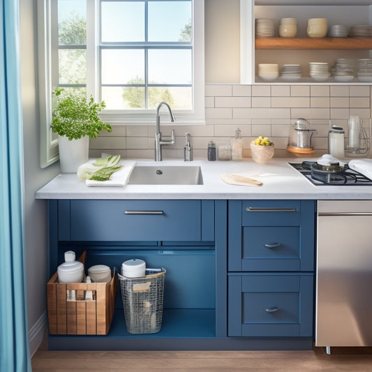 A tidy, modern kitchen with a sink, sleek faucet, and a pull-out drawer underneath, showcasing a compact, two-tiered storage unit with baskets, containers, and a soap dispenser.