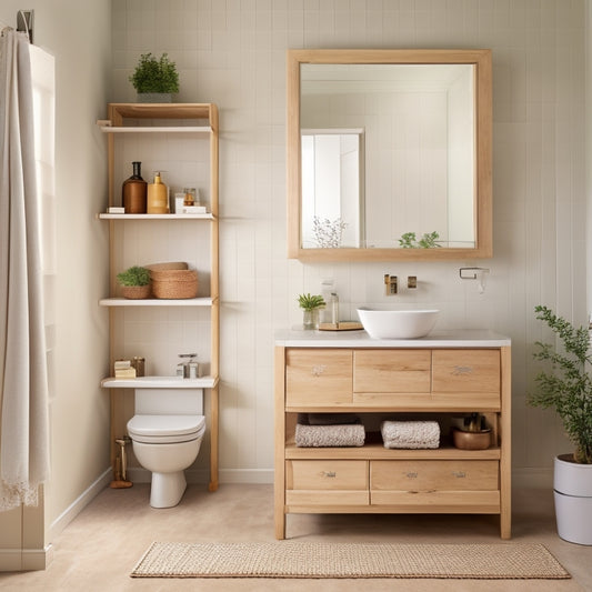A tidy, minimalist bathroom with a wall-mounted shelf holding three woven baskets, a pedestal sink with a slide-out drawer, and a floor-to-ceiling cabinet with a mirrored door.