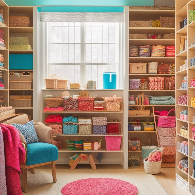 A colorful, organized craft room with baskets, bins, and shelves filled with an assortment of fabrics, threads, and yarns, showcasing creative storage solutions and a tidy workspace.