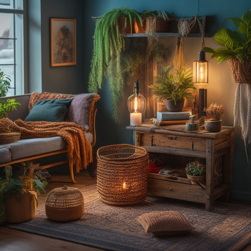 A cluttered, dimly-lit room with broken furniture and tangled cords transforms into a bright, organized space with repurposed items, such as a refurbished wooden crate coffee table and a macrame plant hanger.