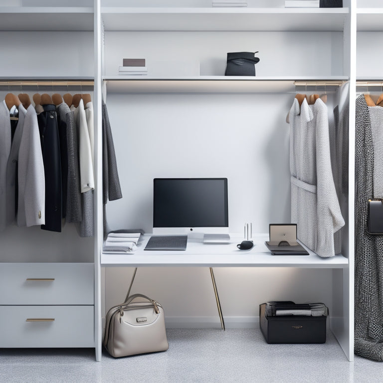 A minimalist, modern closet with a sleek, silver laptop on a marble countertop, surrounded by neatly organized clothes, shoes, and accessories, with a digital planner open on the screen.